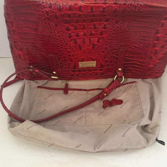 Brahmin Red Med Asher Melborne Croc Shoulder Bag Purse Tote Zip Top Cell Pocket - Picture 13 of 17
